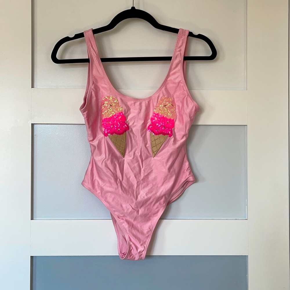 Pink one-piece bathing suit